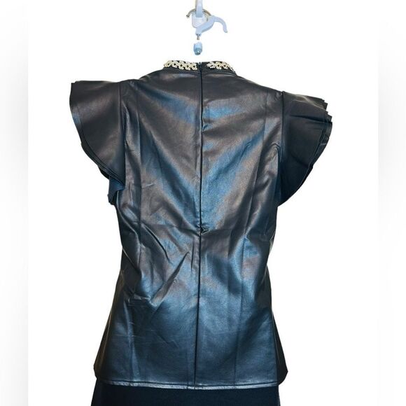 GRACIA Faux Leather Ruffled Sleeve Top In Black Studded Neckline Size Small NWT - Picture 6 of 11